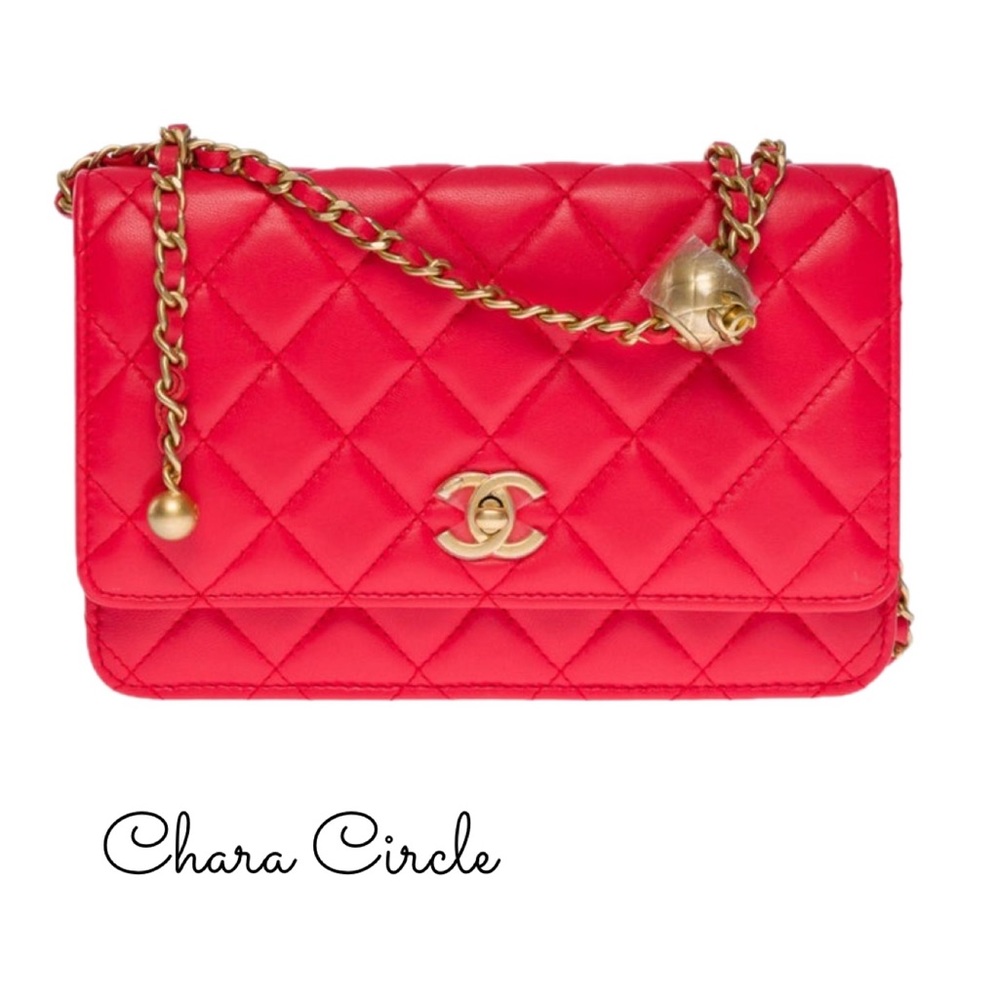 CHANEL Lambskin Quilted CC Pearl Crush Wallet on Chain WOC Red